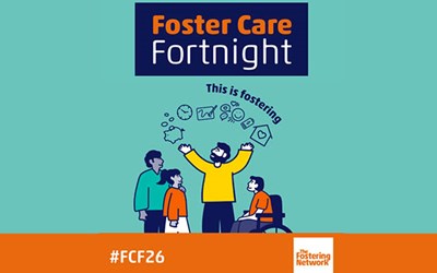 Foster Care Fortnight 2026 graphic featuring 4 people looking upwards at some icons and wording that says  - This is fostering